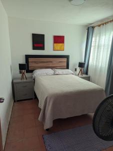 ein Schlafzimmer mit einem großen Bett und zwei Nachttischen in der Unterkunft Barcena in Durango