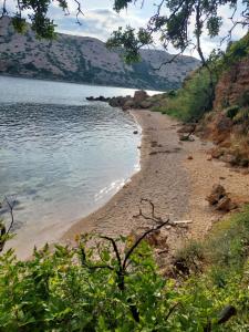 a sandy beach next to a body of water at Apartments Maričić Rab Island in Rab