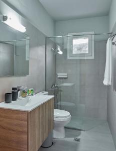 a bathroom with a toilet and a sink and a shower at Primavera Suite in Stalís