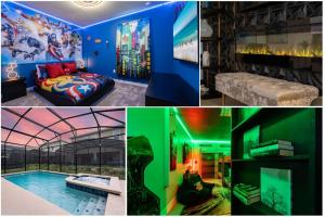 un collage di quattro foto di una camera da letto e di una piscina di New Beautiful 7 br w pool games theme rooms a Kissimmee
