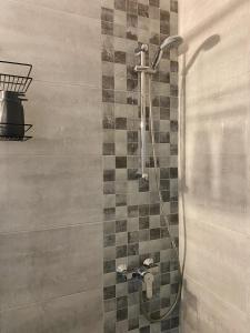 a shower in a bathroom with a tiled wall at Seaside Apartment in Batumi