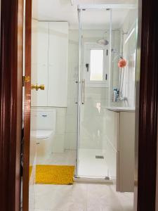 a shower with a glass door in a bathroom at Cozy 2-Bedroom Serviced Apartment with Netflix in Puerto de Sagunto
