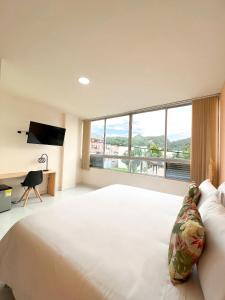 a bedroom with a large bed and a large window at Hotel París in Villeta