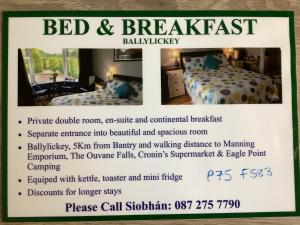 a flyer for a bed and breakfast in a bedroom at Bantry Bay Haven in Ballylickey
