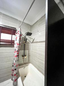 a bath tub with a shower curtain in a bathroom at Montreal Suite by Jaynice Homes in Lekki