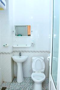 La salle de bains blanche est pourvue de toilettes et d'un lavabo. dans l'établissement HOA PHUONG PHONG NHA Hotel, à Phong Nha