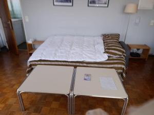 um quarto com duas camas e uma mesa em Sunny em Antuérpia