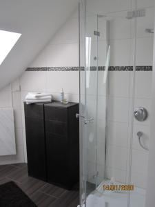 a bathroom with a shower and a black cabinet at Ferien- bzw. Zeitwohnen Burglengenfeld in Burglengenfeld