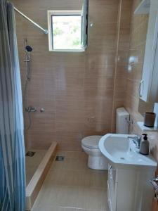 バールにあるKIWIのトイレ、洗面台、シャワー付きのバスルーム