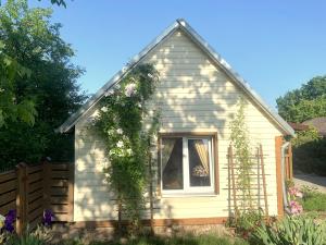 une petite maison avec une vigne sur la fenêtre dans l'établissement Arbatinės apartamentai - Močiutės namelis, à Biržai