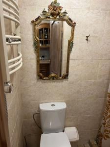 a bathroom with a toilet and a mirror on the wall at Arbatinės apartamentai - Močiutės namelis in Biržai