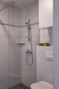y baño blanco con ducha y aseo. en Apartment Pr Dev, en Begunje na Gorenjskem