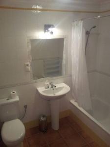 a bathroom with a sink and a toilet and a mirror at La Fuente, apartment in the Moorish quarter. in Frigiliana
