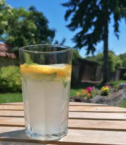 a glass of water on a wooden table at Verde de Viscri in Viscri