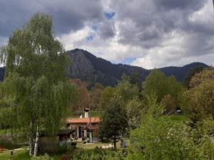 uma casa num campo com uma montanha ao fundo em МОЯТ РАЙ - ПАДАЛОТО em Smolyan