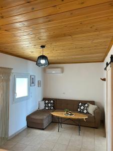 a living room with a couch and a wooden ceiling at Stegna Rita's apartment in Archangelos