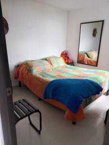 佩雷拉的住宿－Apartamento hogareño，一间卧室配有一张床、镜子和椅子