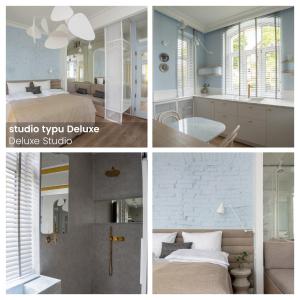 a collage of four pictures of a bedroom and a bathroom at VIU Apartamenty Modern Retro z parkingiem in Sopot