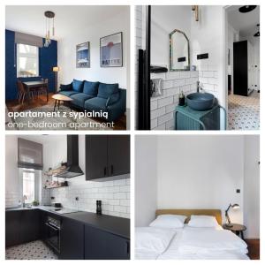 a collage of photos of a kitchen and a living room at VIU Apartamenty Modern Retro z parkingiem in Sopot