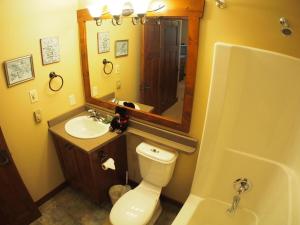 a bathroom with a toilet and a sink and a mirror at Woodhaven #16 By Bear Country in Sun Peaks