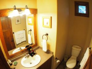 a bathroom with a sink and a toilet and a mirror at Woodhaven #16 By Bear Country in Sun Peaks