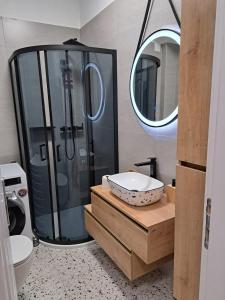 塞尼Apartment Joja的带淋浴、盥洗盆和镜子的浴室