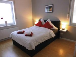 a bedroom with a large bed with two red pillows at Haus Holldack Wohnung Maria in Goldenstedt