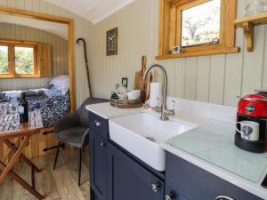 uma cozinha com um lavatório e uma bancada em Llethr - Shepherds Hut em Llanbedr