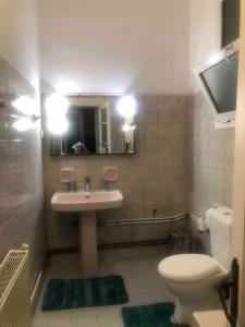 a bathroom with a sink and a toilet and a mirror at Apartment MCS in Igoumenitsa
