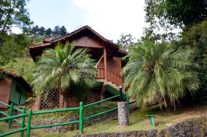 una casa con dos palmeras delante de ella en Pousada Chales Recanto do Sossego, en Visconde De Maua