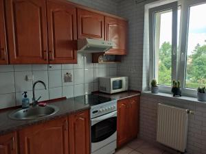 a kitchen with wooden cabinets and a sink and a microwave at Apartament Jagiełły 14 in Giżycko