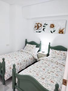 two beds in a bedroom with flowers on the wall at Embrujo de Mojácar in Mojácar