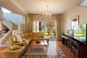 sala de estar con sofá y TV en Crete's Hidden Treasure - Dream Villa with Pool and Majestic Olive Tree Views, en Skalánion