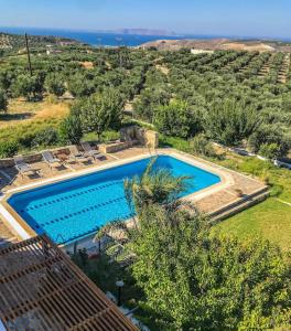 an aerial view of a swimming pool in a villa at Crete's Hidden Treasure - Dream Villa with Pool and Majestic Olive Tree Views in Skalánion