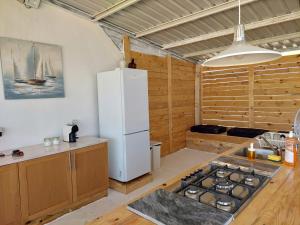 eine Küche mit einem weißen Kühlschrank und einem Boot an der Wand in der Unterkunft COMPORTA SIDE in Setúbal