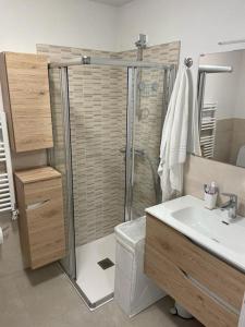 La salle de bains est pourvue d'une douche, de toilettes et d'un lavabo. dans l'établissement Appartamento nuovo tra Bormio e Livigno, à Valdidentro