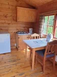 Kirketeigen Camping في Kvam: مطبخ مع طاولة في كابينة خشب
