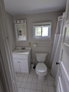 baño con aseo y lavabo y ventana en Perry's Motel and Cottages, en North Conway