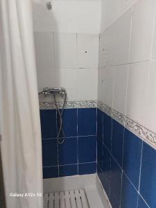 La salle de bains est pourvue d'une douche avec du carrelage bleu et blanc. dans l'établissement Begoniâ house, à Agadir