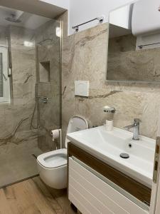 een badkamer met een toilet, een wastafel en een douche bij Apartment Shkoder in Shkodër