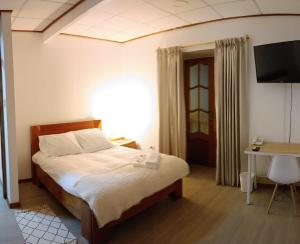 sypialnia z łóżkiem, biurkiem i telewizorem w obiekcie Hotel Aural w mieście Cajamarca