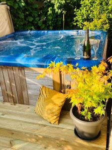 a table with wine glasses and a plant next to a swimming pool at Le chant de l Aisne in Érezée