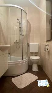 Un baño con ducha, inodoro y lavabo. en Moonica Rujiste, en Mostar 38 fotos más