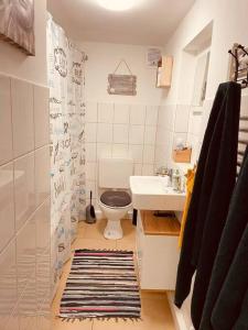 a bathroom with a toilet and a sink at Schickes Messe Appartement mitten in Essen in Essen