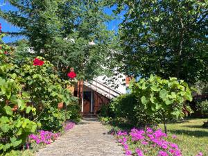 um caminho de jardim que leva a uma casa com flores cor-de-rosa em Annamaria Home em Pula