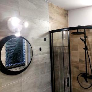 a mirror on the wall of a bathroom with a shower at Apartament przy Białym Koniu in Koszalin