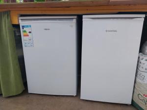 two white refrigerators sitting next to each other under a counter at Twin room in the greenhouse close to mountains and surf paradise in Tejina