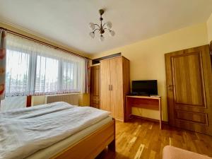 a bedroom with a bed and a tv and a window at Privat u Eriky in Stará Lesná