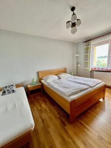 Un dormitorio con una cama grande y una ventana en Privat u Eriky, en Stará Lesná