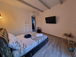 a bedroom with a bed and a flat screen tv at Suite Cornelia in Santa Teresa Gallura